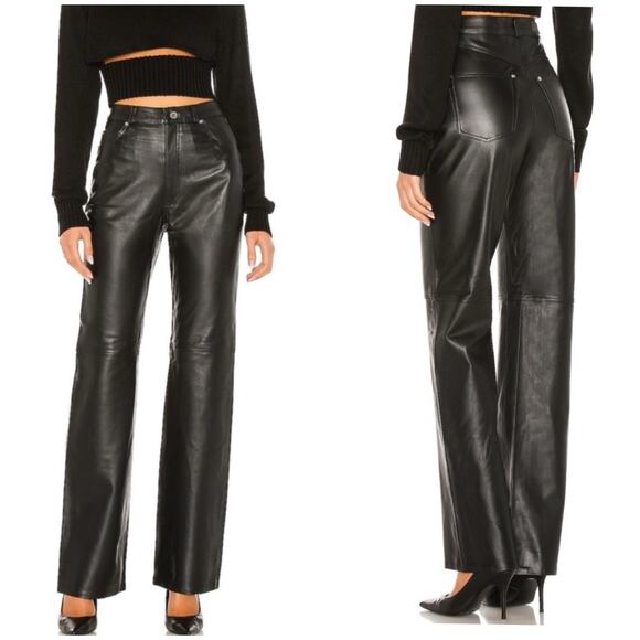 L’Academie 100% Real Leather High Waist Straight Leg Pants Black Minimalist XL
